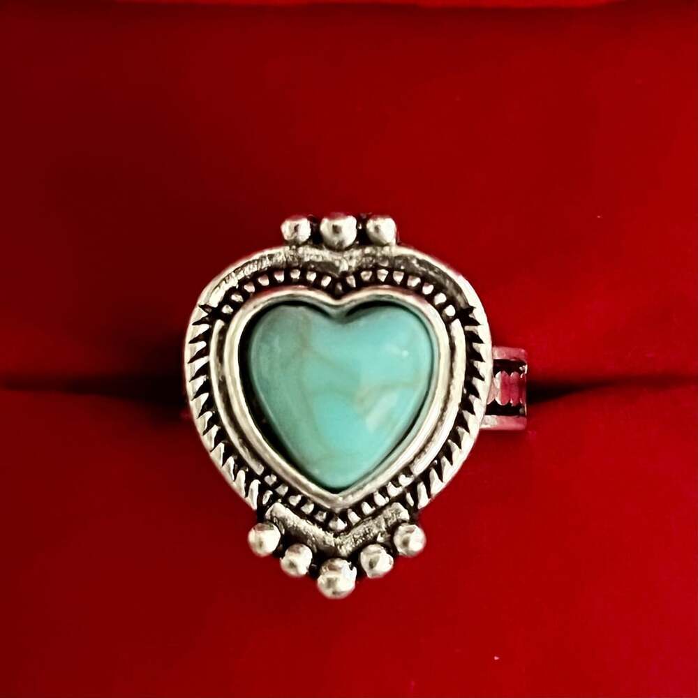 Turquoise Heart Ring Filigree Oxidized Silver Size 6